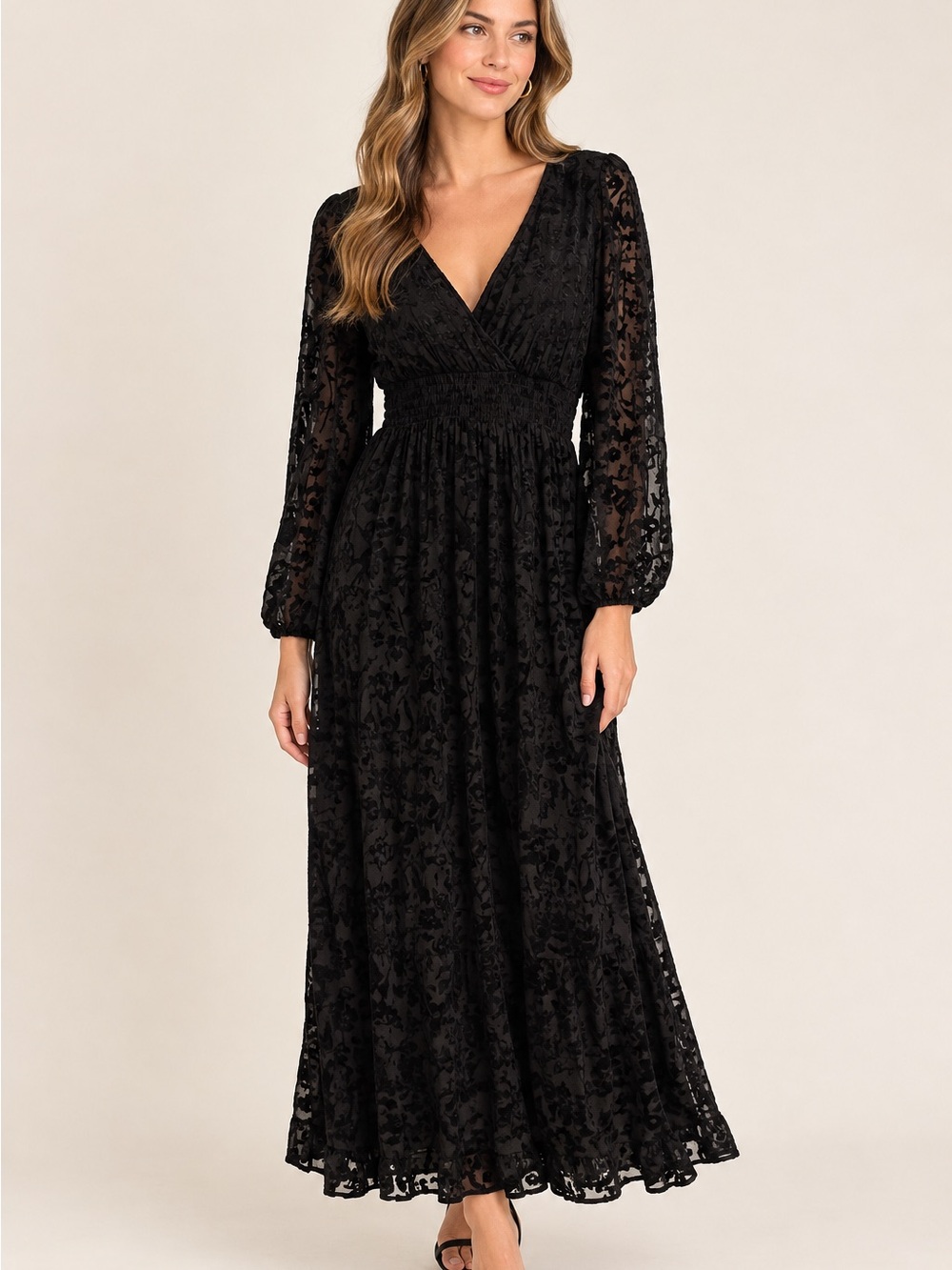 Knox Rose Black Floral-Texture Long Sleeve Maxi Dress